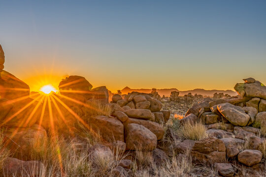 Giant's Playground, Namibia, Africa. Landscape view at sunset of dolerite boulders.