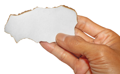 Hand Holding Torn White Paper with Burnt Edge Isolated on Transparent Background for Banner, Poster, Frame, Space for Text or Creative Design