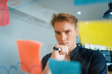 Professional caucasian businessman brainstorming marketing idea by using mind map and sticky notes on glass board at modern meeting room. Creative business and planing concept. Immaculate.