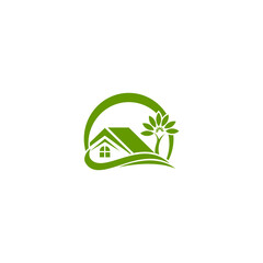 Eco-friendly house logo in green color, featuring a simple house icon surrounded by circular natural elements like leaves and curved hills. The design promotes sustainable living, green building, and