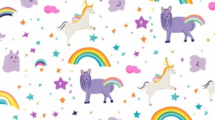 Cute Unicorns and Rainbows Pattern on White Background for Children