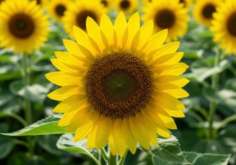 Fototapeta premium Isolated sunflower highlighted against blurred vibrant farmland.