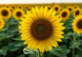 Fototapeta premium Bright yellow sunflower shining in morning sun with rich foliage.