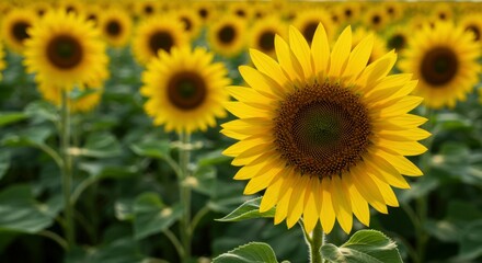 Obraz premium Single sunflower in focus among tall green leaves in sunlight.