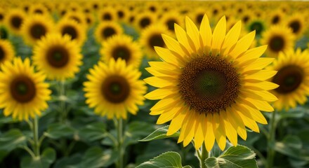 Obraz premium Sunflower crop detail in green farming field under blue sky.