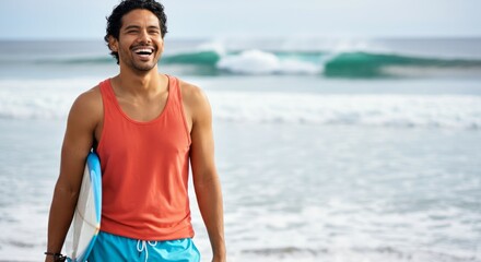 Fototapeta premium Smile and surf: young hispanic male with surfboard on beach