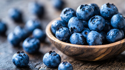 Close-up of blueberries in wooden bowl