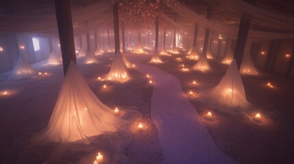 Candlelit Pathway Through Forest with Elegant Drapes and Glowing Ambiance
