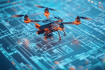 A small drone is resting above a circuit board image