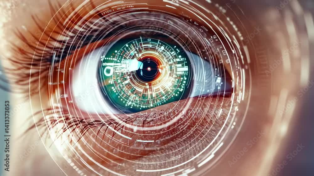 Aufkleber Green human eye with futuristic digital interface analyzing data and showing augmented reality vision with biometric recognition and ophthalmology concept