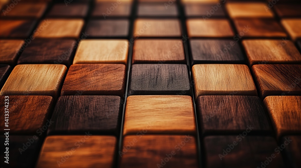 Poster arrangement of wooden squares are displayed with alternating textures and shades of brown forming a 