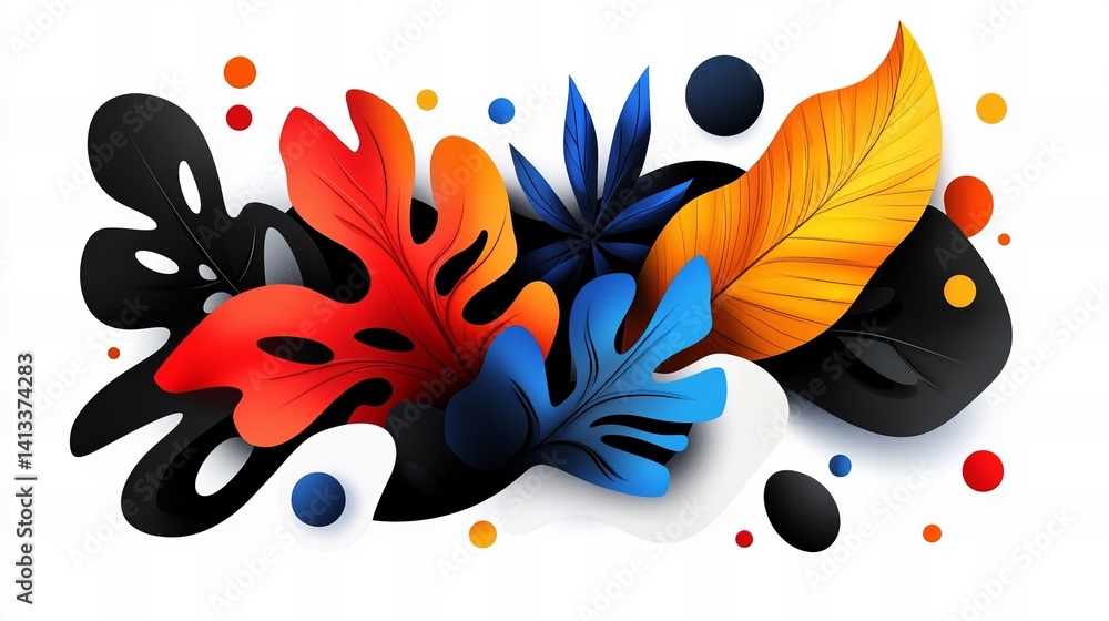 Poster assorted colorful abstract leaves are arranged decoratively on a bright white background with floati