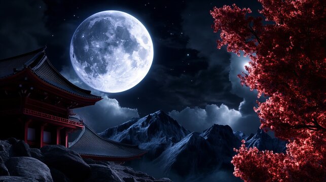 Asian temple stands prominently atop rocky terrain, illuminated by a bright full moon against a mountainous backdrop.
