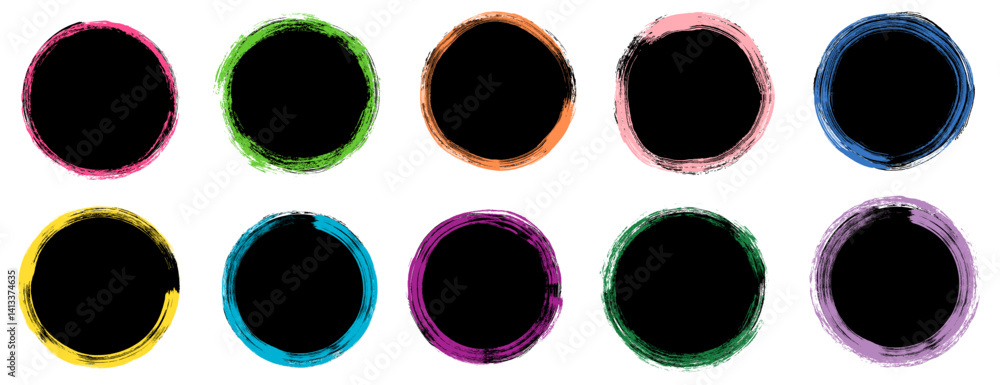 Poster abstract black vector circle shapes with colorful outlines, round graphic elements for package and p
