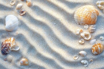 Plakat top view border frame different sea shells on sand ripples on beach with copy space in center