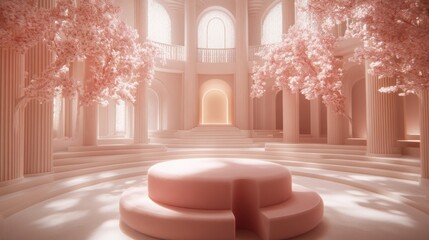 Elegant Pink Stage with Cherry Blossoms in Architectural Setting for Display