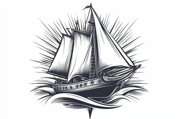A detailed monochrome illustration depicting a classic sailing ship