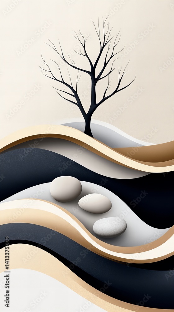 Poster bare tree stands above smooth layered waves with three smooth stones in this minimalistic art piece.