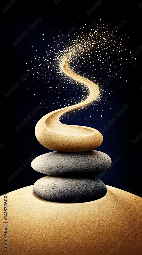 Poster balanced stones create a calming stack, adorned with shimmering particles against a dark backdrop.
