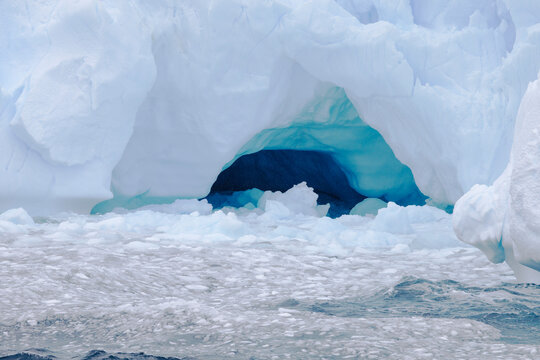 Southern Ocean, Antarctica.Blue and purple colors in ice are exposed by erosion of tabular berg.