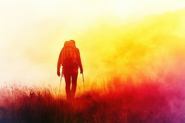 Fototapeta premium A lone hiker with a backpack walks into a misty, colorful landscape, trekking through tall grass.