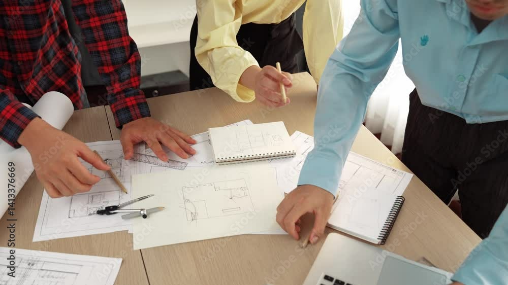 Poster architect and safety engineer discussion about building blueprint displaying on laptop on table usin