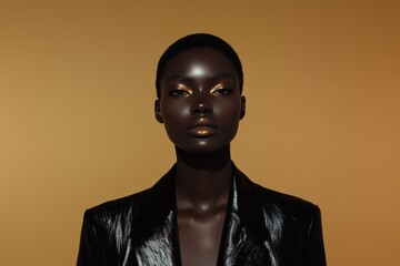 Obraz premium Portrait of elegant Black woman with radiant skin and glowing makeup, looking confident in studio setting with warm golden backdrop creating a striking contrast