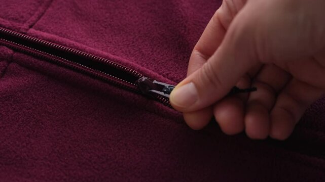 A woman unzipping her burgundy jacket. Unzip a zip. Close up.