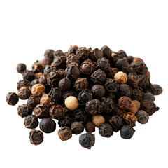 Obraz premium Fresh black peppercorns arranged in a pile on a transparent background showcasing their varied colors and textures, of pepper full depth of field on transparent background