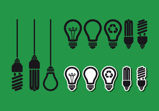 Black And Green Ecology Bulb Silhouette Icons Set