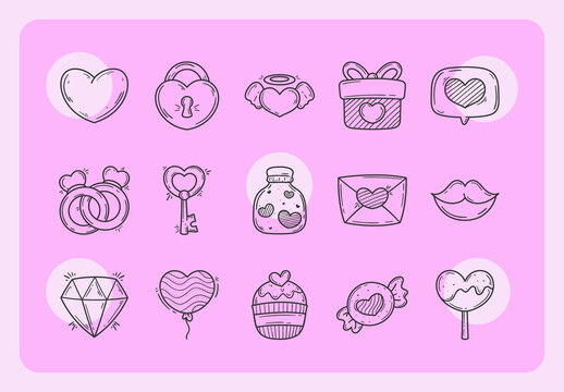 Black And Pink Romantic Handdrawn Love Doodle Set