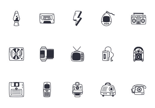 Black Monochrome Retro Nostalgic Vintage Icons Set