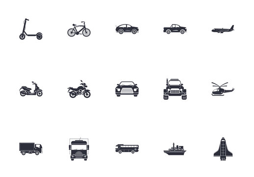Black Monochrome Transport Vehicle Icons Set