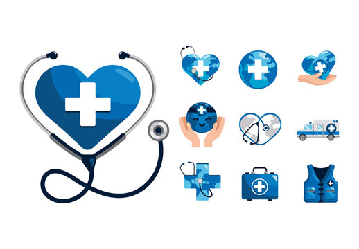 Blue Medical World Health Awareness Icons Set