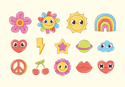 Colorful Retro Happiness Symbols Collection Icons Set