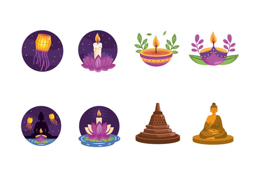 Purple And Yellow Vesak Celebration Icon Set