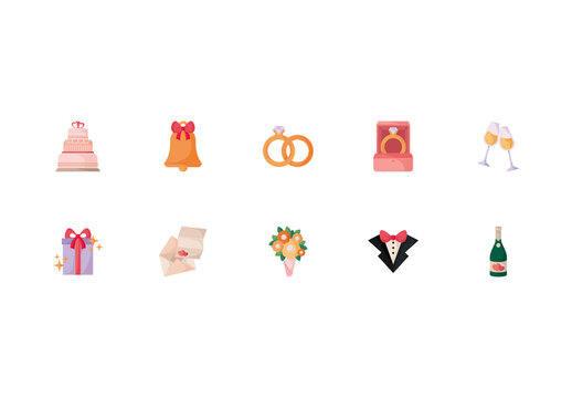 Pink And Orange Romantic Marriage Celebration Icons Set