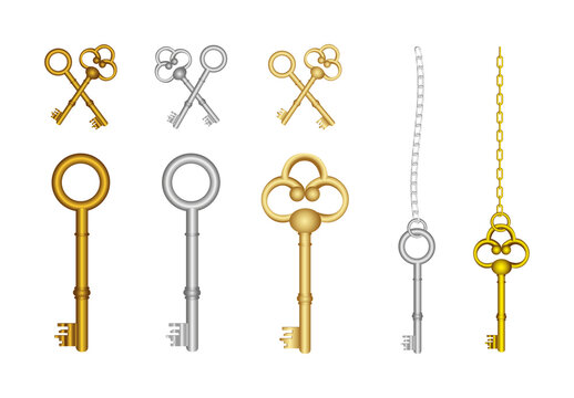 Gold And Silver Elegant Vintage Keys Illustration Set