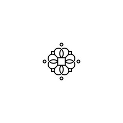 Elegant symmetrical ornamental logo with floral and geometric elements in minimal line art style. Perfect for luxury branding, spa and wellness identity, fashion accessories, interior design, and ethn