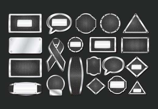 Silver Metallic Mesh Badge And Frame Icons Set