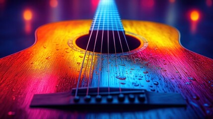 Vibrant acoustic guitar, vibrant colours, water droplets on wood, close-up shot, musical instrument
