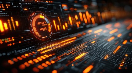 Abstract digital interface with glowing orange elements and data streams