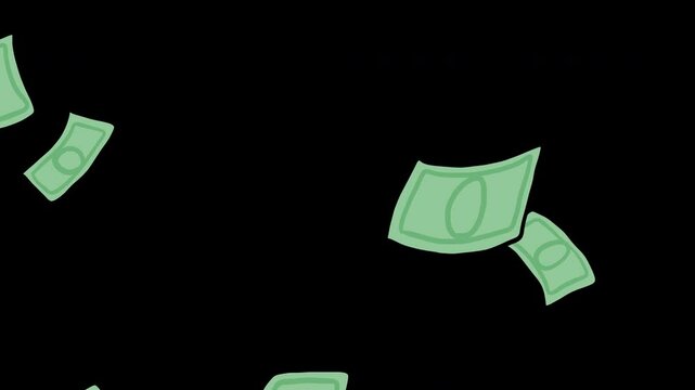 Pack of 4 2d hand-drawn falling  money .Alpha channel with transparent background or green background to choose from
