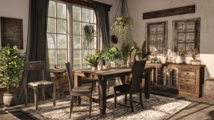Rustic farmhouse dining room with weathered wood, vintage accents, and a cozy, homey feel. 