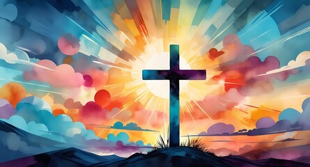 Christian cross illustration art painting drawing design sky clouds sun rays faith hope art