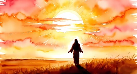 Obraz premium Watercolor painting of jesus christ walking towards the light of god at sunset art