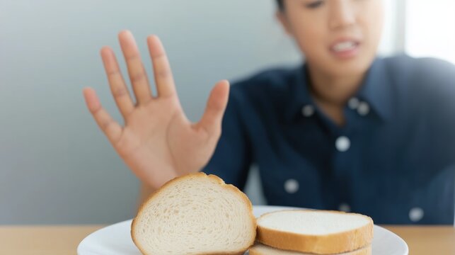 Young Asian woman turning away from bread due to gluten allergy while at home during daylight - Powered by Adobe