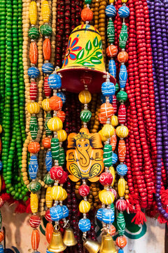 India, Uttar Pradesh, Varanasi, Bangali Tola. Colorful beads for sale.