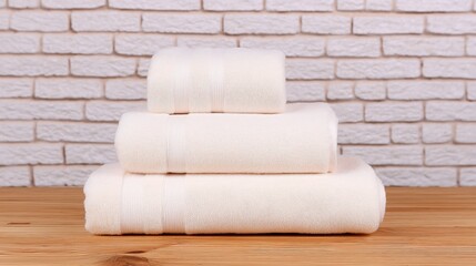 Fluffy, freshly washed towels stacked neatly, radiating comfort and cleanliness for a serene bath experience
