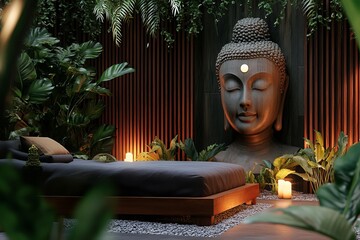 Buddha statue in a tranquil setting with a bed plants and candles creating a serene atmosphere home decor